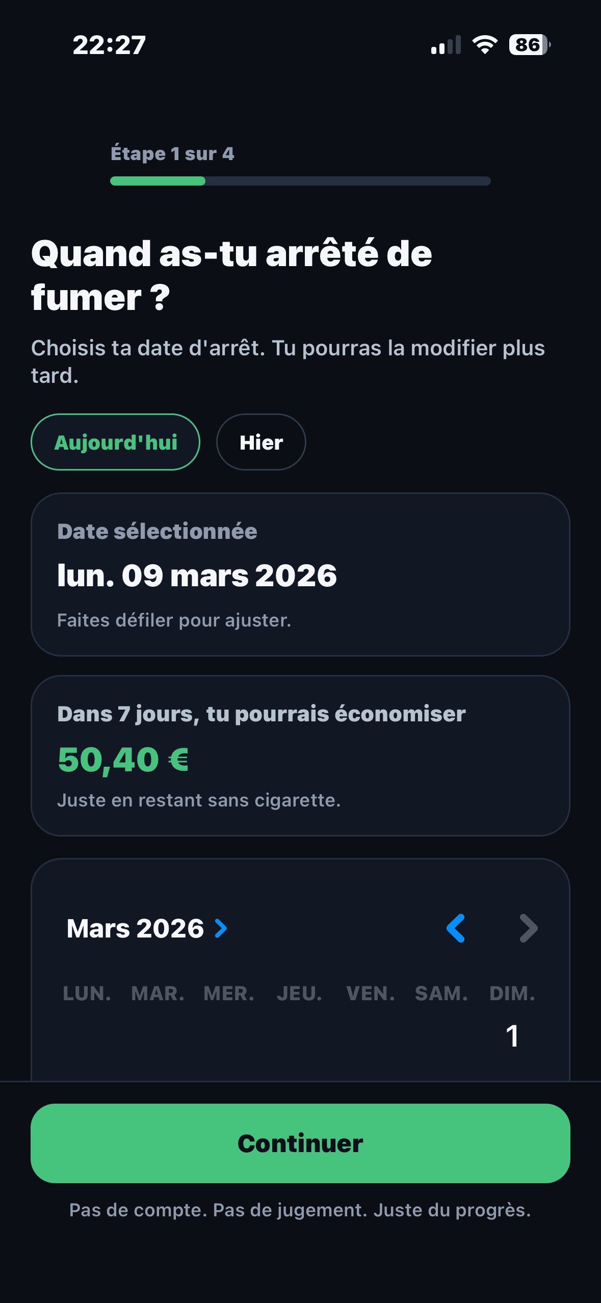 Capture d’écran Evikto - choix de la date d’arrêt